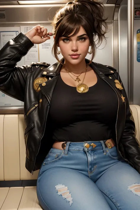 absurd quality. natural lighting . hyperrealism. fantastic illustration in comic book style . A plus-size girl , brown hair with bangs and ponytail , , smile, wearing a black leather jacket with gold stars on t...