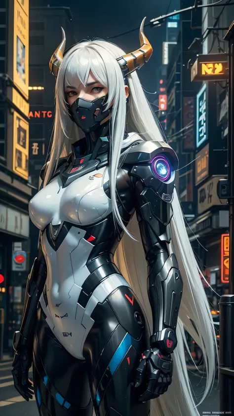 1girl, a beautiful girl cyborg cyberpunk with a cyberpunk city tall buildings, white hair, cybermask, white and orange and black machine suit color combination, the body full of machine, realistic futuristic hologram, asian skin tone, beautiful eye, beauti...