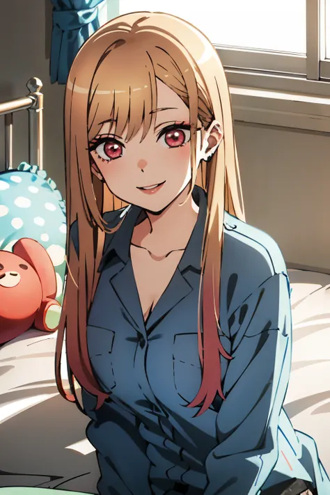 
 Kitagawa Navy SB ,
1 , Alone, close your mouth, smile, lips long hair , Blonde hair,  red eyes , colored hair, toys, Lying on the bed open shirt showing breasts.