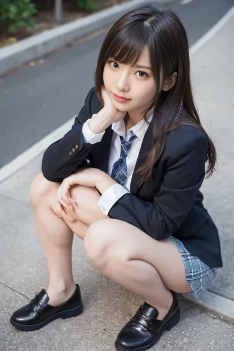 Cute 18 year old girl squatting down on the sidewalk,Red Tie Uniform,dark blue closed blazer,blue plaid mini skirt,bangs,a little smile,thighs,knees,random pose，pretty girl，slender girl，squatting down，,baby face,cute face,perfect body,thin waist and big br...