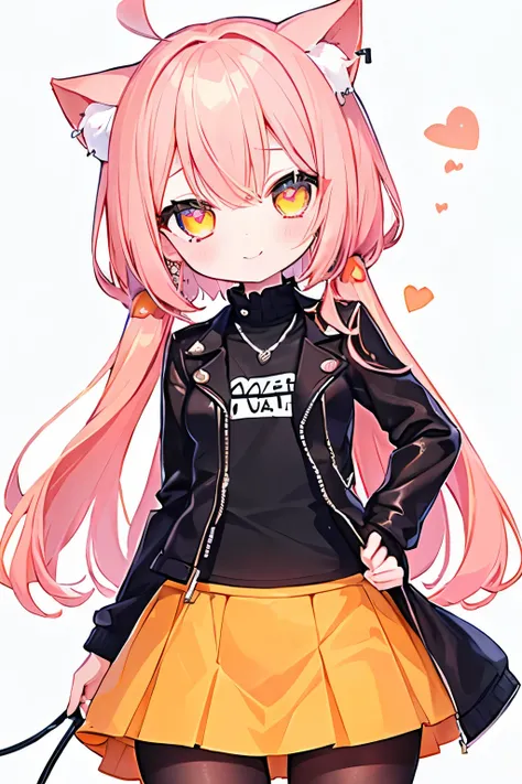 ((  one girl  ))、((pink hair with a sense of transparency))、(( bright orange eyes))、 wicked smile 、((green))、  earrings for a woman alone、A single womans 、((  small breasts))、((  black t-shirt  ))、(( black leather jacket))、((  check skirt))、Edge Skirt、Mult...