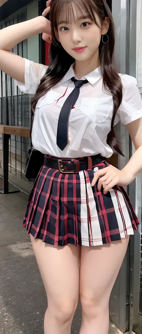  tall cool idol girl、whole body、　Good style、、Thick legs、、、Gal uniform 、 checkered pleated mini skirt （Red and White）、Cool Belt、、Cool girl face