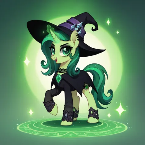 score_9,score_8_up,score_7_up,score_6_up, cute witch pony, Goth fashion, glowing backlight, green necro magic, green scene, glitter, whimsical, enchanted, magical, fantasy art concept, intricate details,