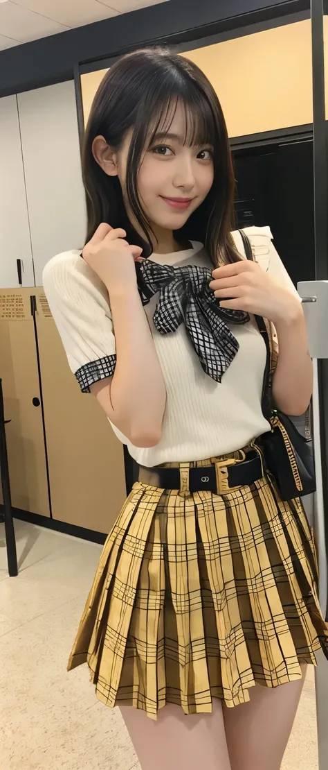 tall gorgeous idol girl、whole body、　Good style、、Thick legs、、、 goldギャルコスチューム、 checkered pleated mini skirt （ gold）、Cool Belt、、Cool girl face