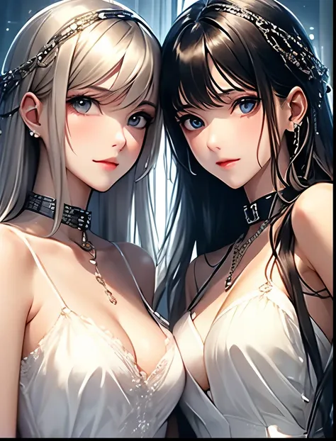 （（（ＳＦＷ、Precision、Highest quality、A first-class masterpiece、Normal body、8k、  Detailed Face 、Ultra-precision、 Normal hand、５refer to、Highest）））、Beautiful sisters、 Twin Sisters 、blonde sister 、 silver haired sister 、 Lesbian Couple、 Lesbian Sisters 、Masochist ...