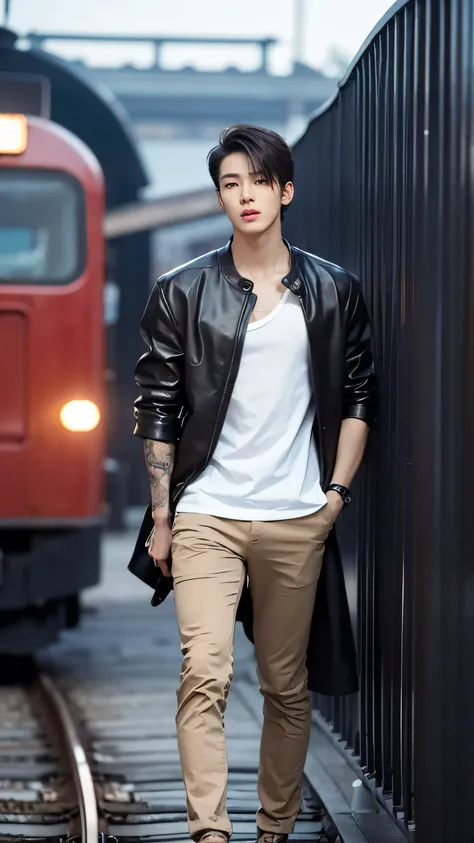 Wonoo Seventeen,A young, athletic Korean male model in his mid-20s with short, styled black hair that is slightly tousled. His features are sharp, with high cheekbones, a defined jawline, and expressive dark brown eyes. He has a lean, muscular build with d...