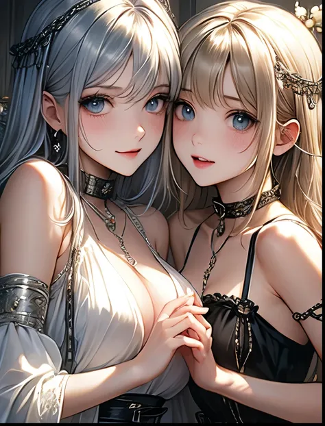 （（（ＳＦＷ、Precision、Highest quality、A first-class masterpiece、Normal body、8k、  Detailed Face 、Ultra-precision、 Normal hand、５refer to、Highest）））、Beautiful sisters、 Twin Sisters 、blonde sister 、 silver haired sister 、 Lesbian Couple、 Lesbian Sisters 、Masochist ...