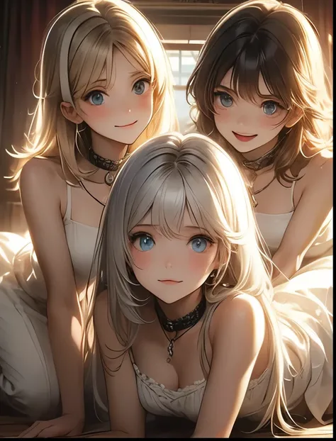 （（（ＳＦＷ、Precision、Highest quality、A first-class masterpiece、Normal body、8k、  Detailed Face 、Ultra-precision、 Normal hand、５refer to、Highest）））、Beautiful sisters、 Twin Sisters 、blonde sister 、 silver haired sister 、 Lesbian Couple、 Lesbian Sisters 、Masochist ...