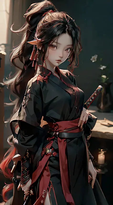  girl, Short、Disarray、long hair、 curled hair , Ponytail、Black Red Cool Shirts, 、No makeup、Sword on waist、blade、best quality, amazing quality, very aesthetic, absurdres