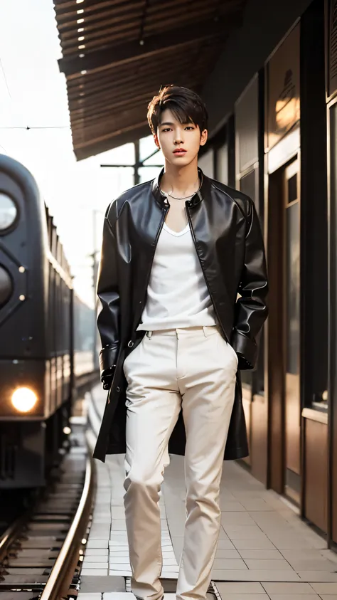 wonoo seventeen,a young, athletic korean male model in his mid-20s with short, styled black hair that is slightly tousled. his f...