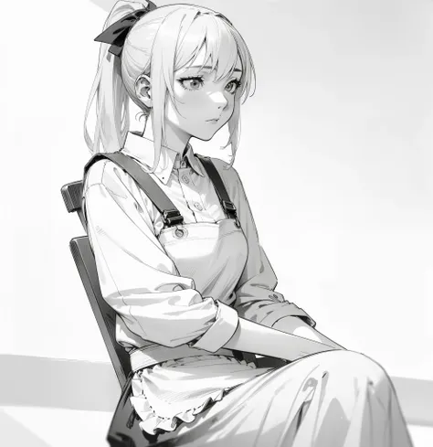 Anime girl, seated pose, holding smartphone,  detailed grayscale sketch,  expression thoughtful,  long ponytail,  detailed clothing design (blouse, apron),  realistic anatomy,  art style Manga,  photographic quality, cinematic lighting,  dynamic compositio...