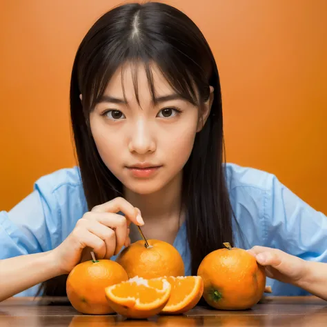 (masterpiece, Highest quality:1.2), (RAW photo), 
A beautiful Japanese girl,
peeling and eating a mandarin orange. 
She has a calm expression, with one hand holding the mandarin and the other carefully peeling it. 