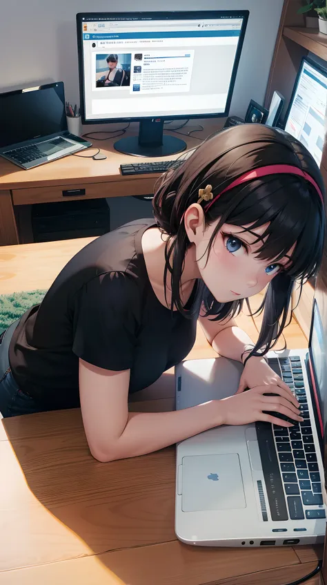 a picture of this is a picture of a girl using a laptop, mouse (computer), 1girl, computer, keyboard (computer), monitor, shirt, solo, censored, breasts, white shirt, laptop, indoors, black hair, cup, short sleeves