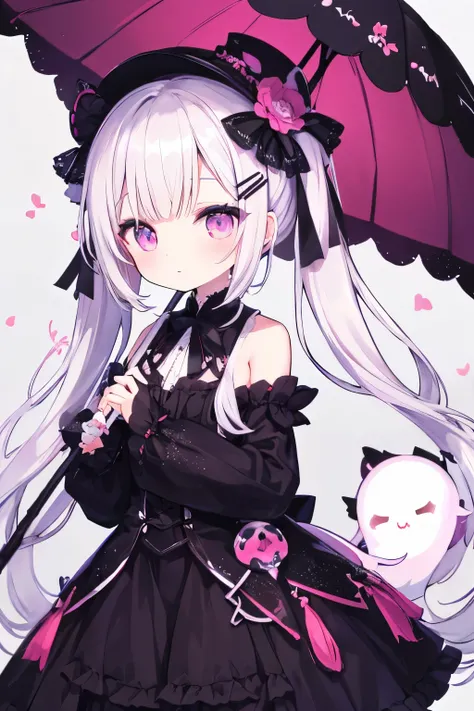 masterpiece, 最 High Quality ,  High Quality , Super detailed,  ghost princess , Aura of ghosts and cherry blossoms, Holding a cute umbrella, Black and pink gothic outfit, Two curly pigtails tied with black and white flower hairpins,  Perfect figure , Weari...