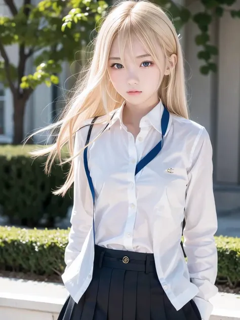 1 girl, Alone, Slender body, flat chest, ( blonde hair), perfect face, cool girl , teenager , school uniform,