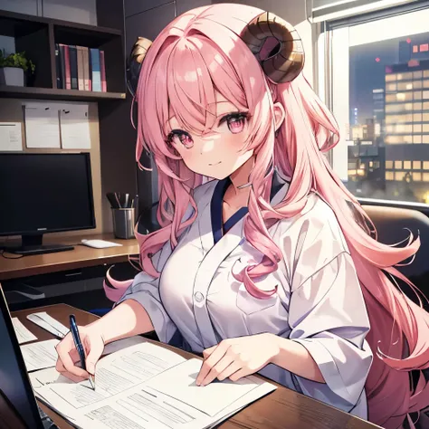 An anime-style illustration of ‘Fua-chan’ working a night shift with a warm smile. Fua-chan has long pink hair styled in soft curls resembling sheep’s horns, and pink eyes that convey her cheerful and determined spirit despite the late hours. She is depict...