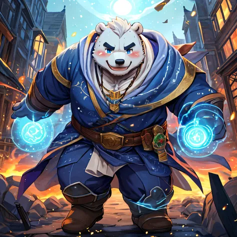New Jersey 5 Furry，polar bear， white plush fur ， facing camera ，Exquisit， masterpiece,  high quality, Absurd,   soft light, Lonely, Clothing, mage,  detailed background , The, Middle Ages, Dynamic poses, magic, Elemental magic, luminescent ,  battlefield ，...