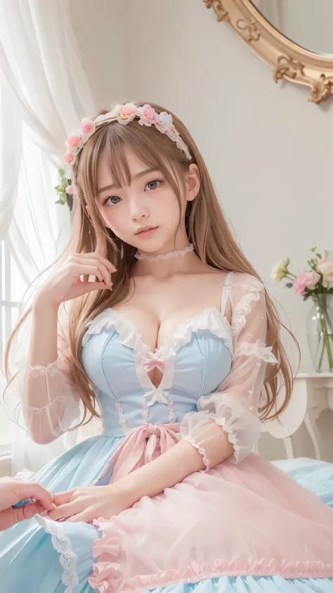 (Best Quality、masterpiece、8k、 High Quality、 hyperrealism、Award-winning works)、1 cute beautiful girl、(Alone:1.1)、(1 photo:1.1)、(cute, ,  Premium , Sheer,  Pale Pink and Light Blue Lolita Princess Dress .:1.2)、(cute女の子らしい大きなリボン:1.1)、( cute luxurious hair acc...