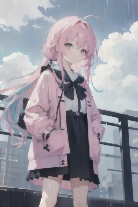 1girl,rain,cute,Pink and blue hair,Long hair is a bit messy, hand in pocket, cute girl, anime style, open sky with clouds, black bow in hair