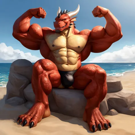 a muscular dragon man, black underwear, red dragon skin, black jockstrap, (flexing one foot:1.2), ferocious expression, clear eyes, ((handsome face)), ((mature face)),five toes, big feet,horn,scaly texture, sea, sunshine, beach background, （sitting on the ...