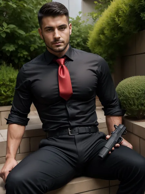 Age 30, One Man,、  black shirt、 red tie 、  black slim pants 、  black gloves、 black boots、Combatant、You are carrying a handgun on your lower back 、garden、　   please sit with your legs open。 short hair 、更に short hair 、   undercut 、Stubble　Muscular　Turkish fa...