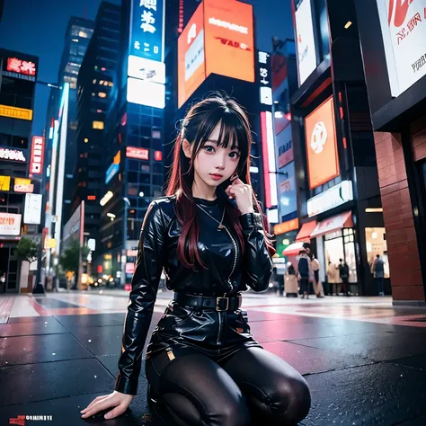 Anime girl kneeling on the ground in the city at night, Cyberpunk art by Yuumei,  trending on pixiv ,  pixel art , Anime Style 4 k, Anime atmosphere, Anime Style. 8k, 4k anime wallpaper, Digital anime illustration,  Beautiful anime girls are crouching,   d...