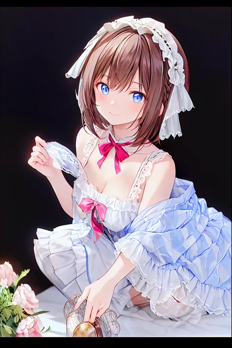 (Original photo, 最 High Quality ), (Practical, photoPractical: 1.2), (Round face: 1), 1 girl, Outdoor selfie, ( High Detail Skin : 1.2), (Swollen eyes), (Sagging under the eyes), smile, clavicle, , Brown and black straight hair, Pure Black Pleated Skirt ,...