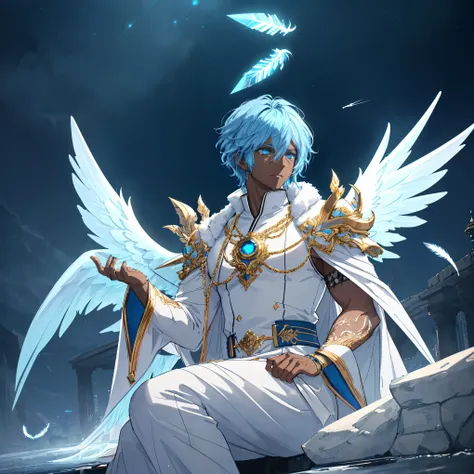 masterpiece, best quality, highly detailed, digital art, anime style, male angel, dark-skinned male, (detailed facial features:1.3), (sharp detailed eyes:1.4), (bright blue eyes:1.2), curly blue hair, white flowing robes, ethereal glowing cyan wings, halo,...