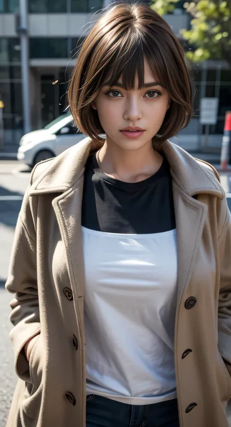 T-shirt, coat, , (photorealistic:1.4), (best quality:1.0), (ultra highres:1.0), 8k, RAW photo, (masterpiece:0.2), , zydG, 1girl, detailed skin, looking at viewer, brown eyes, (short hair with bangs:1.2), (large breasts:1.0), (large areolae:0.8), , (pureero...