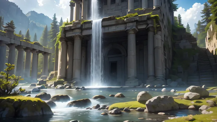 A massive ancient Greek temple in the center of a towering waterfall, a wingless dragon residing within, stunning rugged landscape, (best quality,8k,highres,masterpiece:1.2),ultra-detailed,(realistic,photorealistic,photo-realistic:1.37),intricate architect...