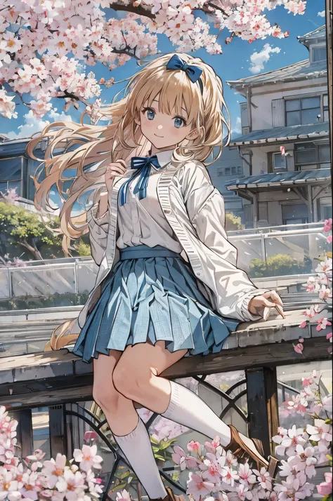 Alice Carteret, detailed background with white knee-high , Cardigans , open Cardigans , striped bow , Hair accessories, Blue Pleated Skirt , white collared shirt, Outdoor, cherry blossoms, Cowboy Shooting, smile, watching viewers, open your mouth ...