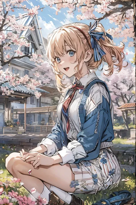 Alice Carteret,  detailed background with white knee-high ,  Cardigans , open  Cardigans , striped bow , Hair accessories,  Blue Pleated Skirt ,   white collared shirt, Outdoor, cherry blossoms,  Cowboy Shooting, smile,  watching viewers,  open your mouth ...