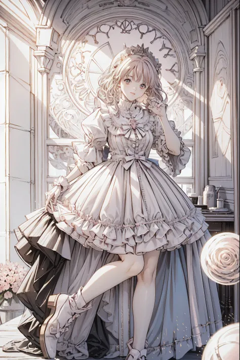 (Best Quality,4K, Hi-Res,masterpiece:1.2), several people having fun with each other while having very detailed ,Realistic:1.37,,(whole body, Shows Your Feet and Shoes: 1.2),、(( pink dress )), ultra-realistic photo of a girl in a stately light pink and ...