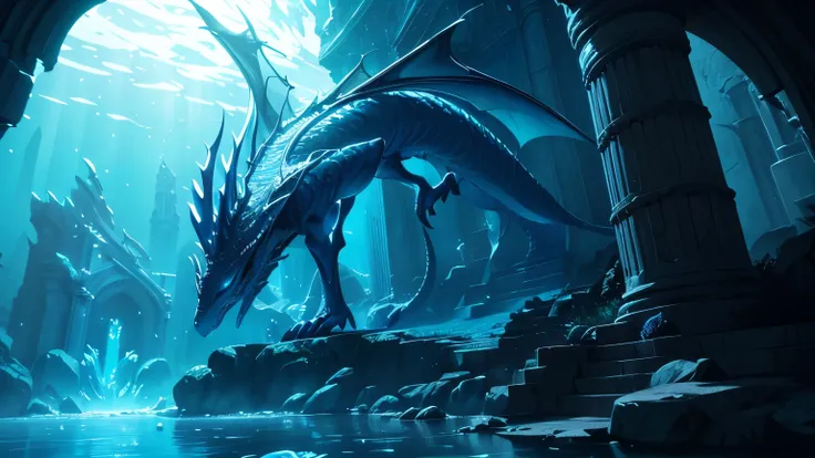 beautiful slender dragonlike creature with glowing wings, underwater temple, gaining power, beautiful scenery, 8k, detailed fantasy creature, highly detailed, photorealistic, cinematic lighting, dramatic color palette, volumetric lighting, intricate archit...