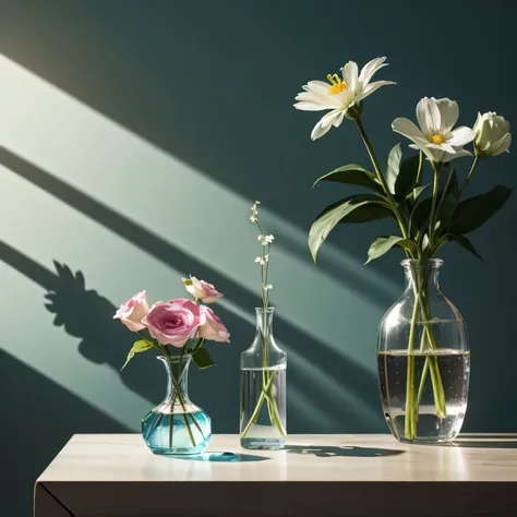 "A realistic image of a clear glass vase with colorless water,  inside which there is a green stem and a flower with blue and white petals .  The flower is tilted slightly to the left , protruding from the vase .  The lighting is soft but direct ,  generat...