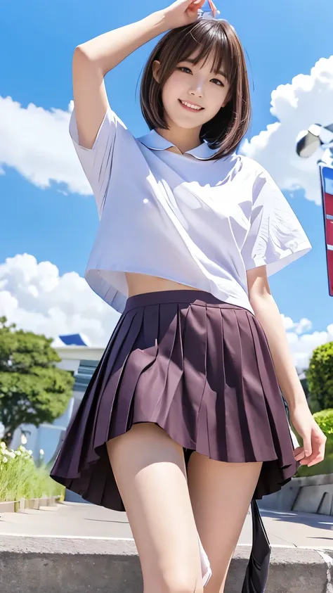  Japanese High School Girls)、 short-sleeved white shirt、Her underwear is visible through the short sleeves、Very short checkered pleated skirt、Dark brown bob hair、 Medium Hair 、  operate straight hair、smile、Stretch your legs out on the curb、Her long, Thin l...