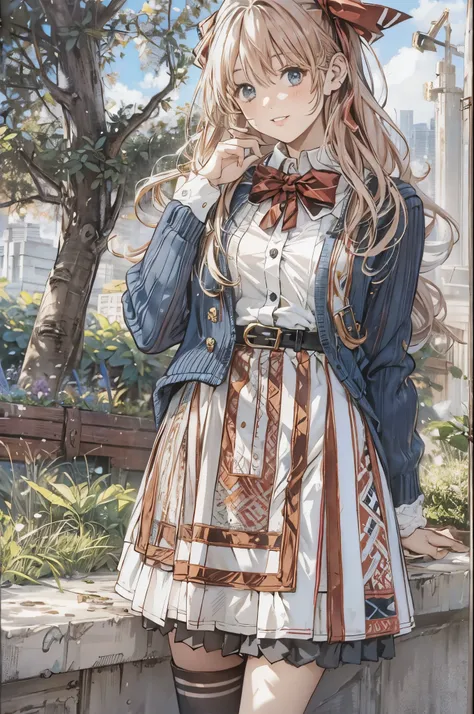 Alice Carteret, detailed background with white knee-high , Cardigans , open Cardigans , striped bow , Hair accessories, Blue Pleated Skirt , white collared shirt, Outdoor, cherry cowboy shooting, smile, watching viewers, smile,beautiful、