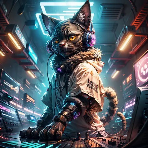 cat DJ gamer setup gear, Phonk Hop style, fursona furry headphones black headset, LED oversized design legal core forte imagejm cat humanoid, Hi-Res, Best Quality, masterpiece,  very detailed, sense of exaltation, Dutch angle, 