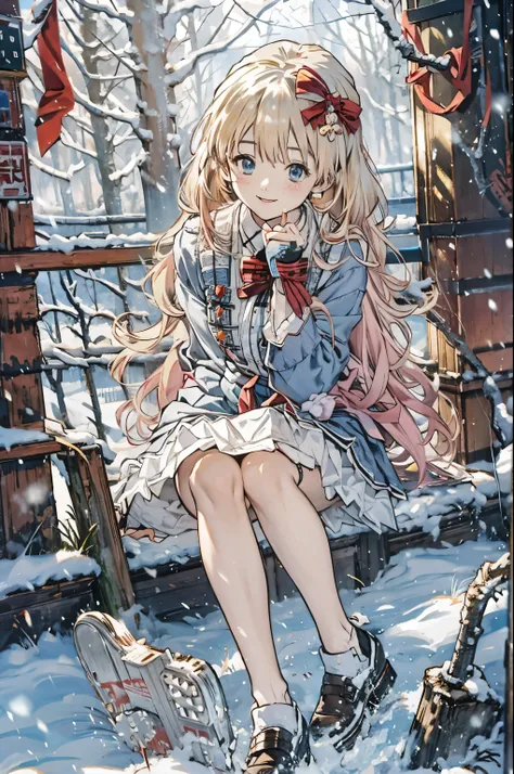 Alice Carteret, detailed background with white knee-high , Cardigans , open Cardigans , striped bow , Hair accessories, Blue Pleated Skirt , white collared shirt、赤い Christmas服, Outdoor, Christmas 、 Cowboy Shooting, smile, watching viewers, Smiling ...