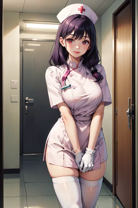 1woman, solo, nurse, white nurse cap, white nurse uniform, ((white legwear, zettai ryouiki)), white gloves, long hair, purple hair, red eyes, pink lips, smile, standing, ((hospital room)), sharp outline, short sleeves, mature female, 35yo, best quality, ma...