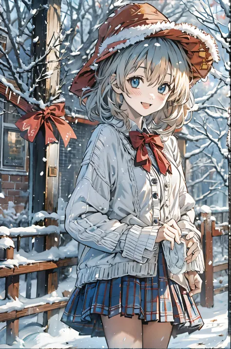 Alice Carteret, detailed background with white knee-high , Cardigans , open Cardigans , striped bow , Hair accessories, Blue Pleated Skirt , white collared shirt、赤い Christmas服, Outdoor, Christmas 、 Cowboy Shooting, smile, watching viewers, Smiling ...