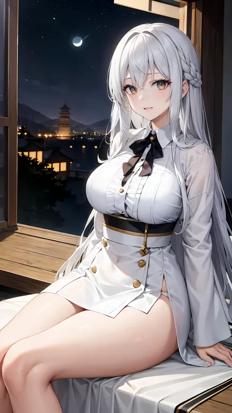 long silver hair 、 tension as the inner color for long hair, yellow eyes , Moonlight、 moonlight、、、, full body composition from head to toe、Chuckle、Older sister、Sexy Fashion、 white shirt、Belly button exposed、Dress pants、Night Beauty、A fearless face、Yamato...