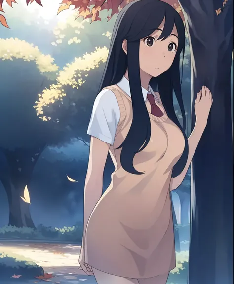 (masterpiece、Best Quality、Best Quality、 OFFICIAL ART、 beautiful and beautiful :1.2)、(One person:1.3),Beautiful breasts, young woman , Standing by the tree , the falling leaves are soaring, spinning, clock, the leaves are falling around her
