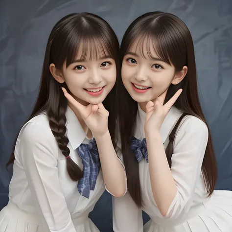 (Highest quality, masterpiece:1.2), Highest quality, High resolution, 1080P, 8k, height: 158cm, (Two 13yo Japanese beautiful idols are seated and kissing on hands together, facing each other, cute skirt with beautiful knees, looking at the viewer, cant sto...
