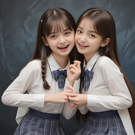 (Highest quality, masterpiece:1.2), Highest quality, High resolution, 1080P, 8k, height: 158cm, (Two 13yo Japanese beautiful idols are seated and kissing on hands together, facing each other, cute skirt with beautiful knees, looking at the viewer, cant sto...