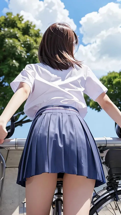 (Straddling the bicycle saddle、Japanese high school girl waiting at a traffic light)、Short sleeve white shirt、Hands on the wheel、Her bra is visible from the cuffs of her short sleeves、Very short checkered pleated skirt、Dark brown bob hair、Medium Hair、Strai...