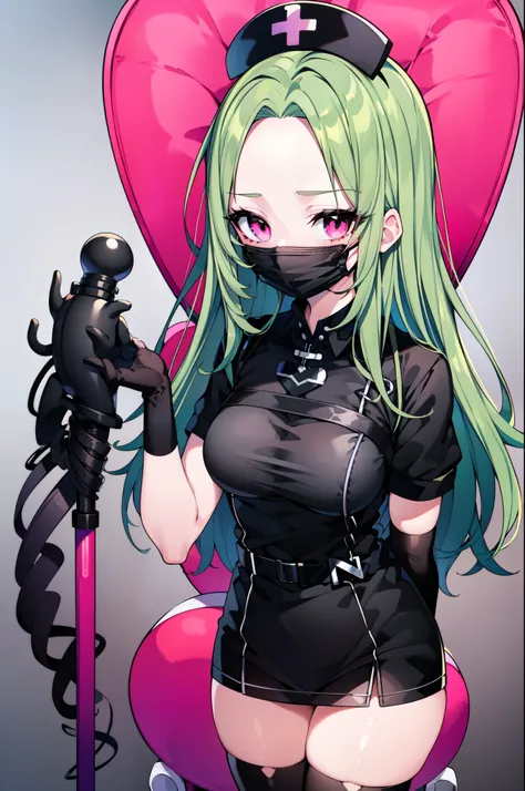 black nurse, 1woman, solo, black nurse cap, black nurse uniform, ((black legwear, zettai ryouiki)), black elbow gloves, forehead, long hair, green hair, pink eyes, ((black surgical mask, covered nose)), standing, ((surgery room)), sharp outline, short slee...