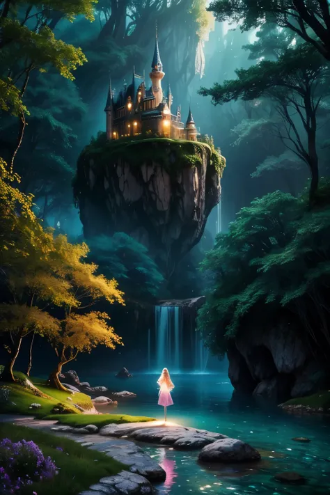 A dreamlike fantasy landscape, a surreal forest with glowing mushrooms, floating islands, and a whimsical castle in the distance, 1girl, detailed face, beautiful eyes, long hair, detailed dress, walking through the mystical scenery, (best quality,4k,8k,hig...