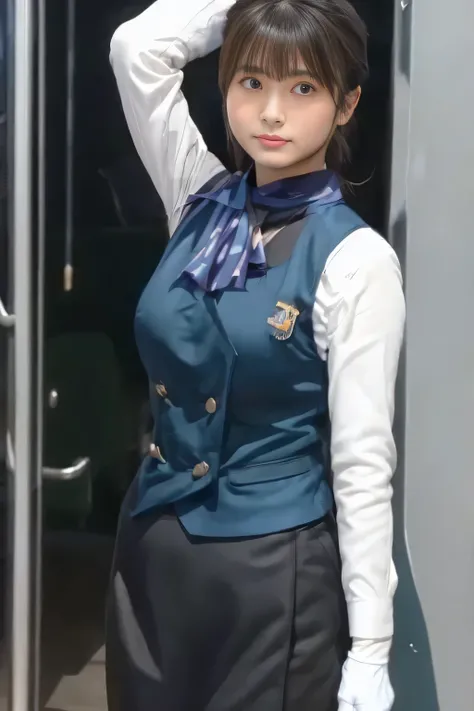 (masterpiece:1.2, Best Quality:1.2), 32kHDR,   kampala, (Alone、   1 girl)、（what 、 Professional Lighting）、In-flight background、（ realistic style in Nankai train uniform ）、（（   Nankai train crew uniform collarless blouse long sleeve 、 Black Curled Culottes S...