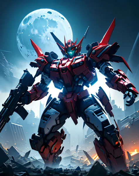 ((masterpiece, best quality)), (( dynamic movement ,  holding a gun with raised arms,  running)), (red giant robot, blue chest, ...